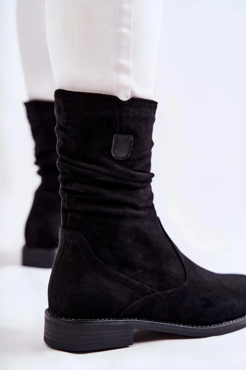 Botki Wiosenne|Czarne Botki>Damskie buty S.Barski Damskie Marszczone Zamszowe Botki Czarne Joanne