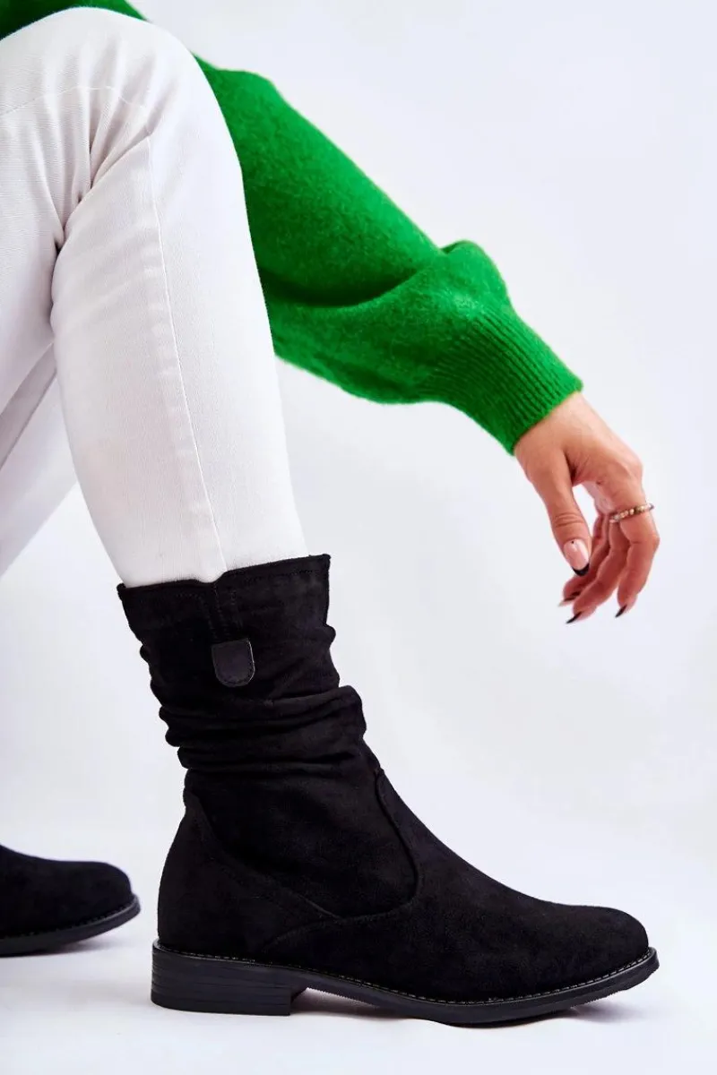 Botki Wiosenne|Czarne Botki>Damskie buty S.Barski Damskie Marszczone Zamszowe Botki Czarne Joanne