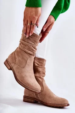 Damskie buty S.Barski Damskie Marszczone Zamszowe Botki Beżowe Joanne