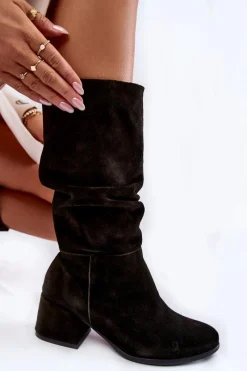 Kozaki Wiosenne|Kozaki Przed Kolano>Boto Damskie Marszczone Zamszowe Kozaki Czarne Alfra