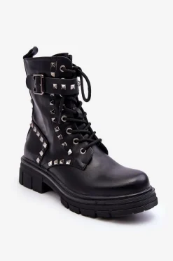 Damskie Masywne Botki Workery z Dżetami Czarne Tyralis Damskie Botki Sznurowane|Czarne Botki