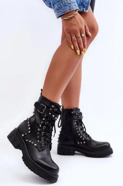 Damskie Masywne Botki Workery z Dżetami Czarne Tyralis Damskie Botki Sznurowane|Czarne Botki
