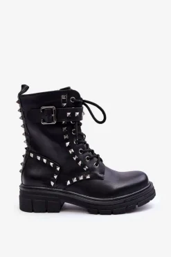 Damskie Masywne Botki Workery z Dżetami Czarne Tyralis Damskie Botki Sznurowane|Czarne Botki