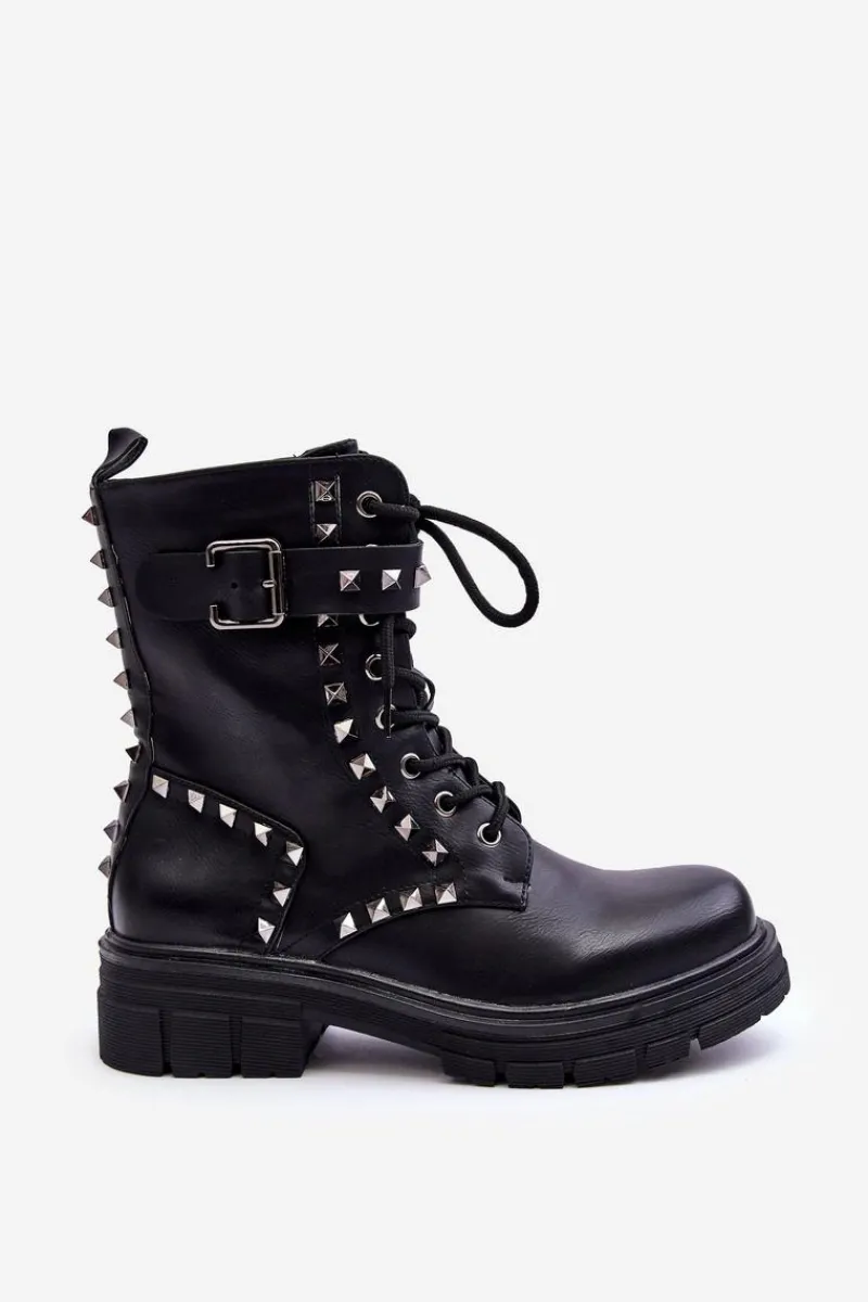 Damskie Masywne Botki Workery z Dżetami Czarne Tyralis Damskie Botki Sznurowane|Czarne Botki