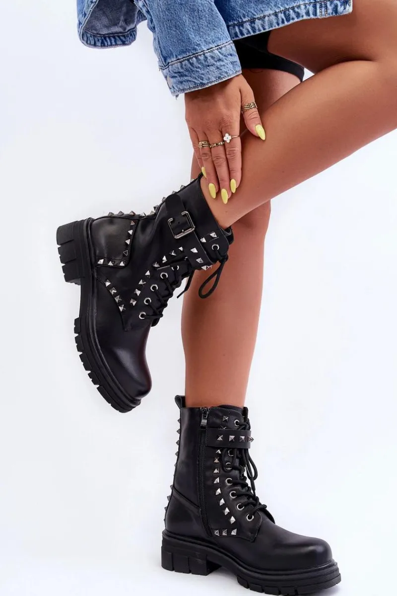 Damskie Masywne Botki Workery z Dżetami Czarne Tyralis Damskie Botki Sznurowane|Czarne Botki