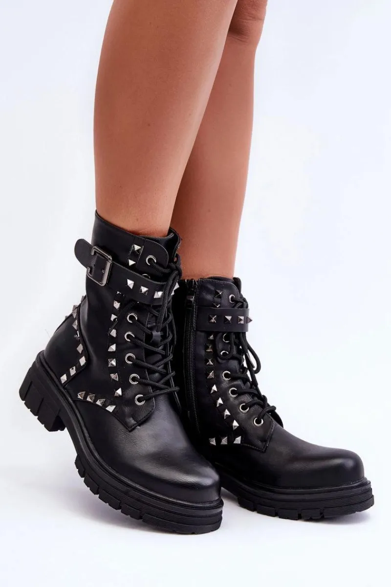 Damskie Masywne Botki Workery z Dżetami Czarne Tyralis Damskie Botki Sznurowane|Czarne Botki