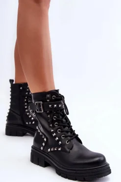 Damskie Masywne Botki Workery z Dżetami Czarne Tyralis Damskie Botki Sznurowane|Czarne Botki