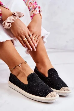 Czarne Espadryle>Boto Damskie Materiałowe Espadryle Z Cyrkoniami Czarne Deimos