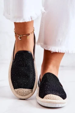 Czarne Espadryle>Boto Damskie Materiałowe Espadryle Z Cyrkoniami Czarne Deimos