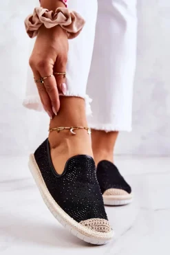 Czarne Espadryle></noscript>Boto Damskie Materiałowe Espadryle Z Cyrkoniami Czarne Deimos