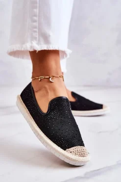 Czarne Espadryle></noscript>Boto Damskie Materiałowe Espadryle Z Cyrkoniami Czarne Deimos
