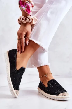 Czarne Espadryle></noscript>Boto Damskie Materiałowe Espadryle Z Cyrkoniami Czarne Deimos