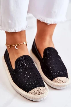 Czarne Espadryle></noscript>Boto Damskie Materiałowe Espadryle Z Cyrkoniami Czarne Deimos