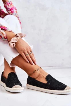 Czarne Espadryle></noscript>Boto Damskie Materiałowe Espadryle Z Cyrkoniami Czarne Deimos