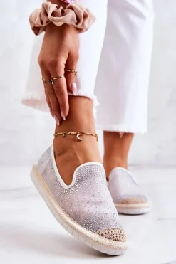New Boto Damskie Materiałowe Espadryle Z Cyrkoniami Szare Deimos