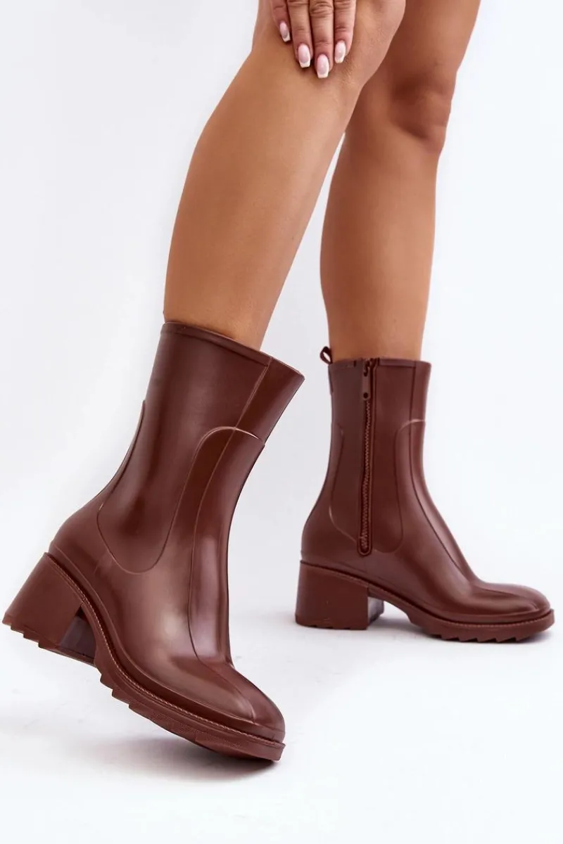 Damskie Matowe Kalosze Botki Na Obcasie Brązowe Bertaida Damskie Kalosze Damskie|Botki Na Obcasie