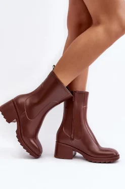 Damskie Matowe Kalosze Botki Na Obcasie Brązowe Bertaida Damskie Kalosze Damskie|Botki Na Obcasie