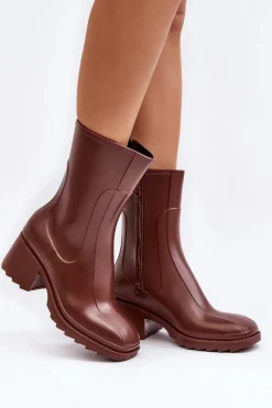 Damskie Matowe Kalosze Botki Na Obcasie Brązowe Bertaida Damskie Kalosze Damskie|Botki Na Obcasie