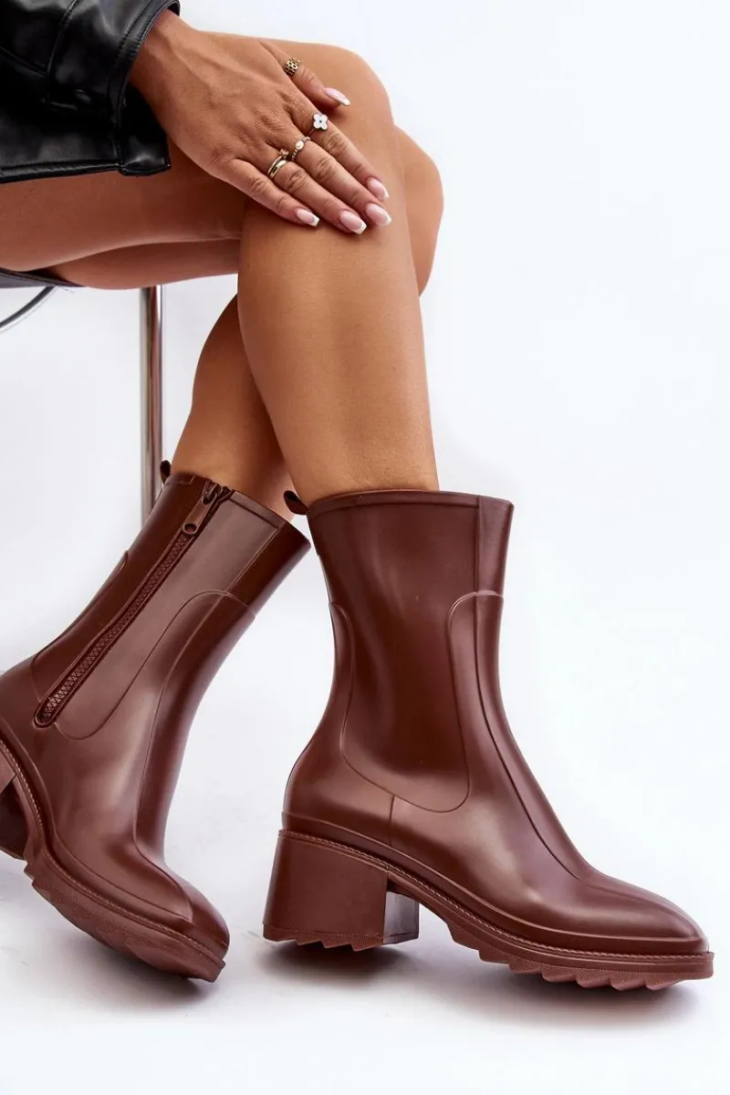 Damskie Matowe Kalosze Botki Na Obcasie Brązowe Bertaida Damskie Kalosze Damskie|Botki Na Obcasie