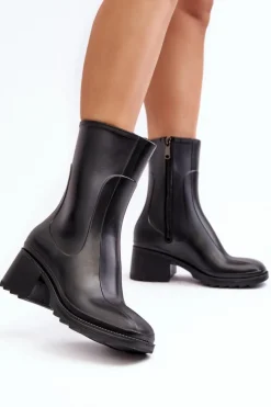 Hot Boto Damskie Matowe Kalosze Botki Na Obcasie Czarne Bertaida