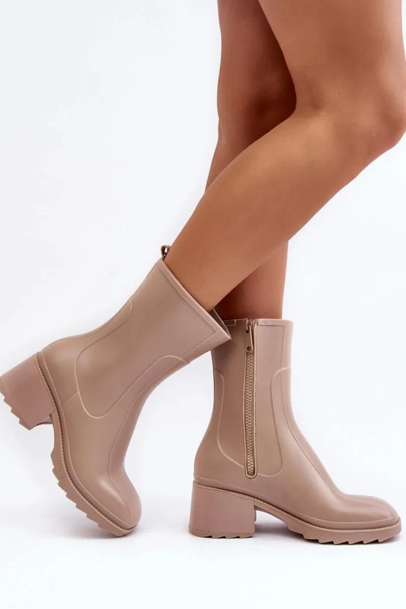 Kalosze Damskie|Botki Na Obcasie>Boto Damskie Matowe Kalosze Botki Na Obcasie Beżowe Bertaida