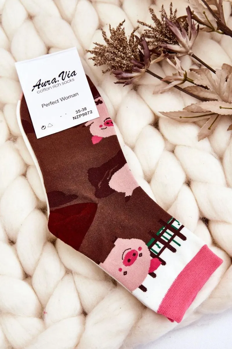 Skarpetki|Skarpetki>Aura.via Damskie Śmieszne Skarpety Nie Do Pary Świnki Biało-Brązowe