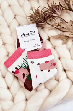 Skarpetki|Skarpetki>Aura.via Damskie Śmieszne Skarpety Nie Do Pary Świnki Biało-Brązowe