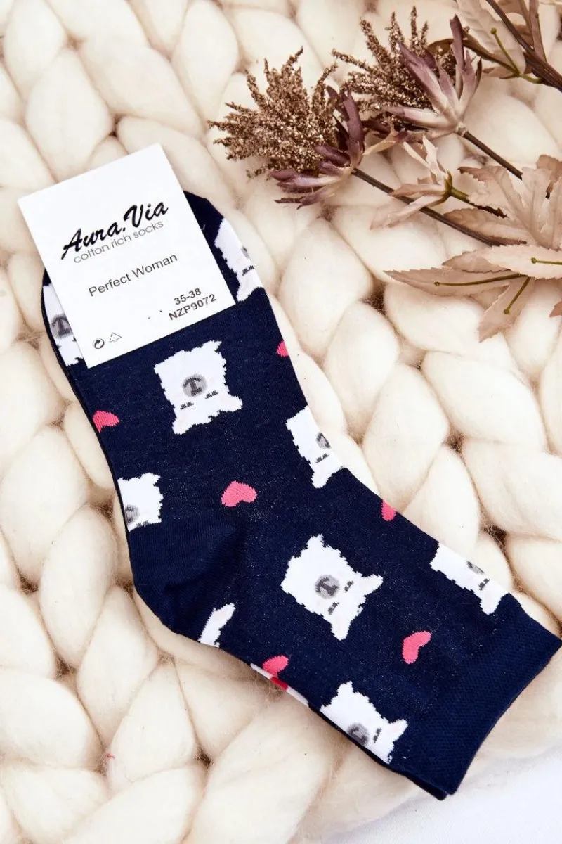 Aura.via Damskie Śmieszne Skarpety Nie Do Pary Alpaka Granatowe