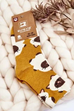 Hot Aura.via Damskie Śmieszne Skarpety Zwierzęcy Wzór Koty Ciemnożółte