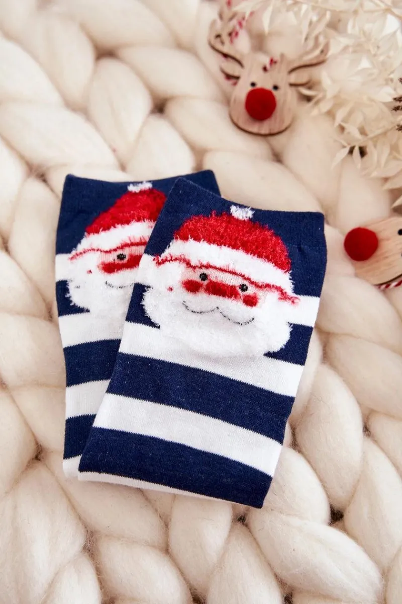 Online Damskie Śmieszne Świąteczne Skarpety W Pasy Z Mikołajem Granatowo-Białe Skarpetki|Skarpetki