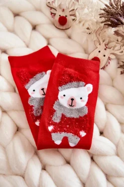 Skarpetki|Skarpetki>Just Play Damskie Śmieszne Świąteczne Skarpety Miś W Czapce Czerwone