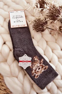 Outlet Aura.via Damskie Miękkie Ciepłe Skarpetki Z Misiem Grafitowe