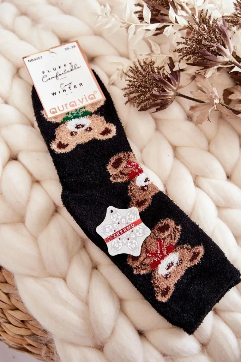 Sale Damskie Miękkie Ciepłe Skarpetki Misie Czarne Skarpetki|Skarpetki