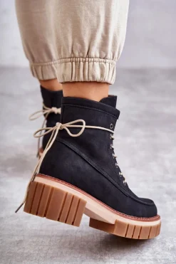 Best Damskie Modne Botki Ocieplane Czarne Gerda Damskie Botki Sznurowane|Czarne Botki