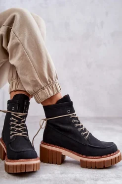 Best Damskie Modne Botki Ocieplane Czarne Gerda Damskie Botki Sznurowane|Czarne Botki