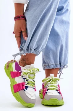 New Damskie Modne Buty Sportowe Sznurowane Zielono-Różowe Chillout! Damskie Sneakersy Damskie
