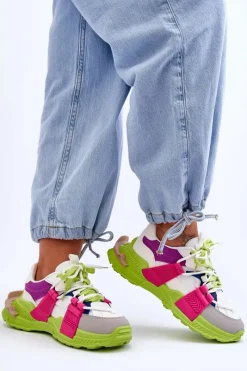 New Damskie Modne Buty Sportowe Sznurowane Zielono-Różowe Chillout! Damskie Sneakersy Damskie