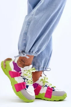 New Damskie Modne Buty Sportowe Sznurowane Zielono-Różowe Chillout! Damskie Sneakersy Damskie