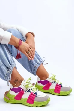 New Damskie Modne Buty Sportowe Sznurowane Zielono-Różowe Chillout! Damskie Sneakersy Damskie
