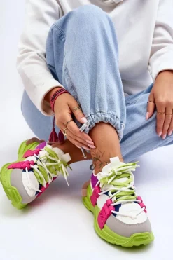 New Damskie Modne Buty Sportowe Sznurowane Zielono-Różowe Chillout! Damskie Sneakersy Damskie
