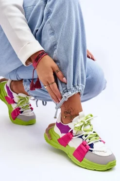 New Damskie Modne Buty Sportowe Sznurowane Zielono-Różowe Chillout! Damskie Sneakersy Damskie