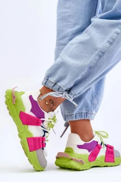 New Damskie Modne Buty Sportowe Sznurowane Zielono-Różowe Chillout! Damskie Sneakersy Damskie
