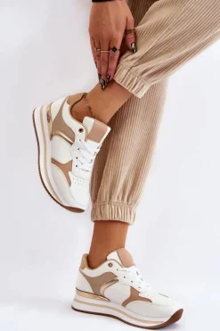 Boto Damskie Modne Buty Sportowe Na Koturnie Biało-Beżowe Yuki