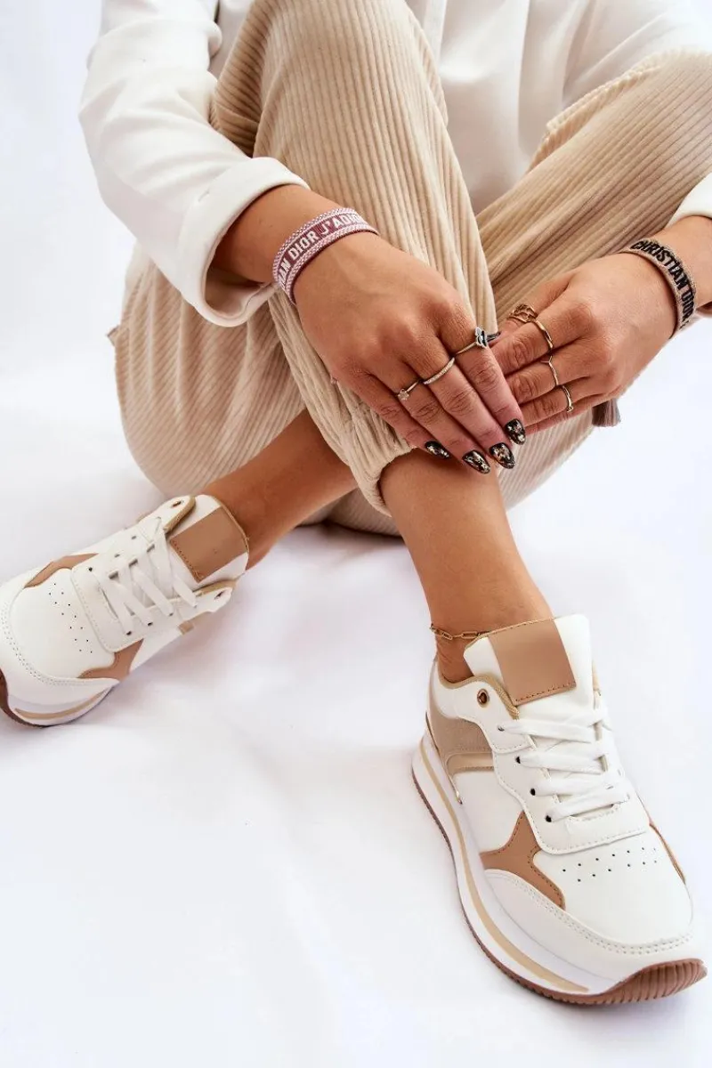 Boto Damskie Modne Buty Sportowe Na Koturnie Biało-Beżowe Yuki