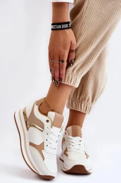 Boto Damskie Modne Buty Sportowe Na Koturnie Biało-Beżowe Yuki