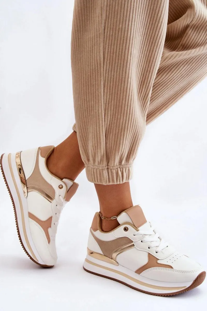 Boto Damskie Modne Buty Sportowe Na Koturnie Biało-Beżowe Yuki