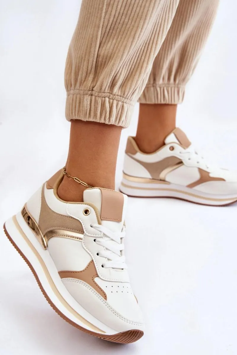 Boto Damskie Modne Buty Sportowe Na Koturnie Biało-Beżowe Yuki