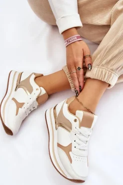 Boto Damskie Modne Buty Sportowe Na Koturnie Biało-Beżowe Yuki