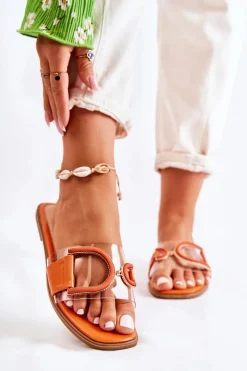 Outlet Boto Damskie Modne Klapki Pomarańczowe Marsala