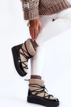 Śniegowce Damskie>Boto Damskie Modne Śniegowce Sznurowane Beżowo-Czarne Carrios